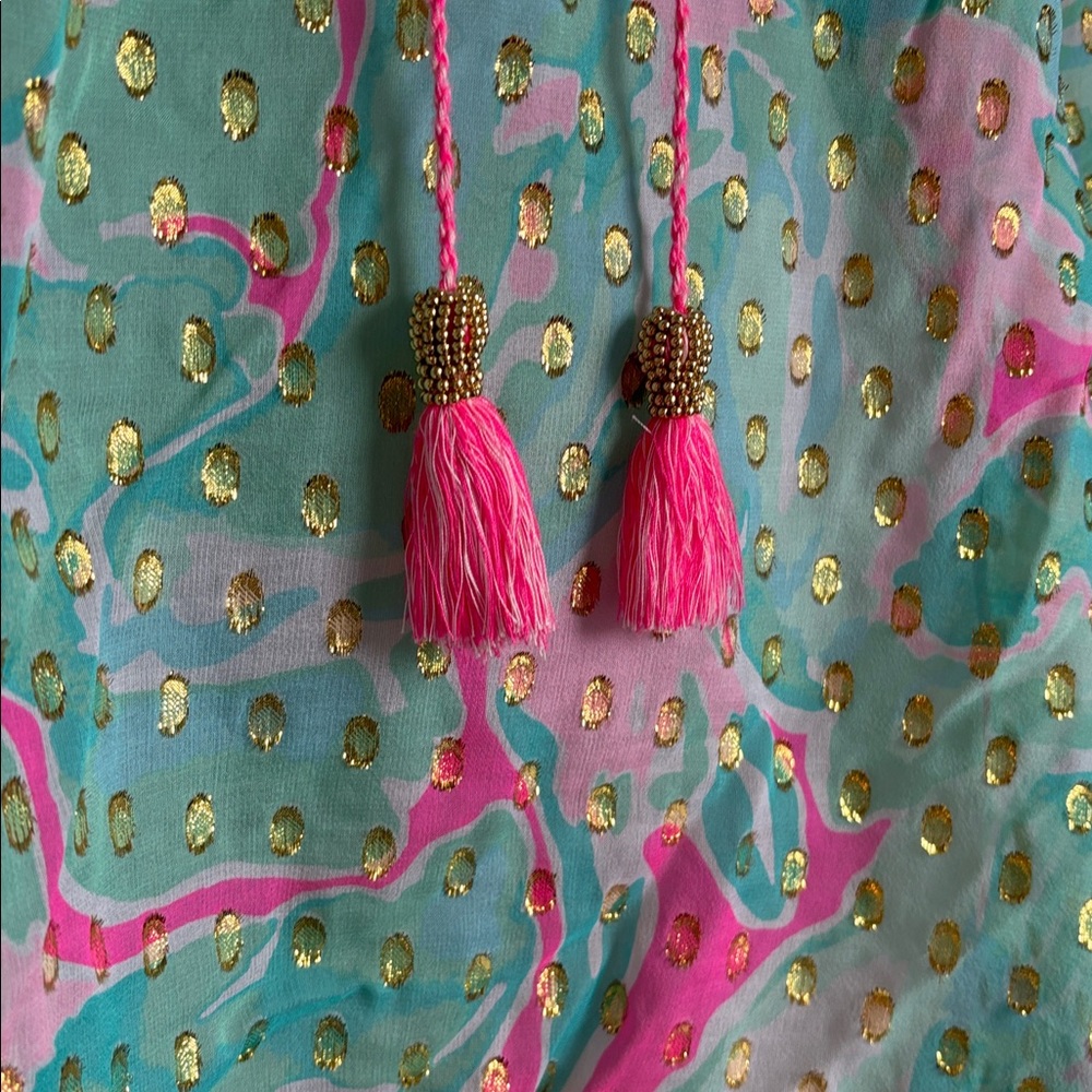 Lilly Pulitzer pink & blue silk blend blouse w/ gold details * sz MED - Picture 3 of 10